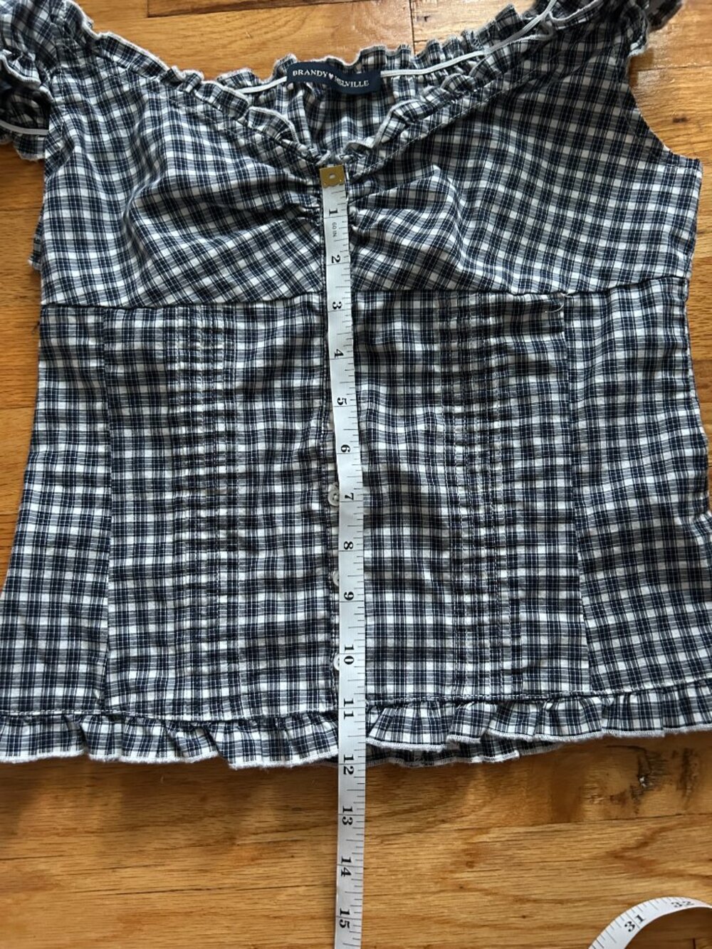 Brandy Melville Dark Blue Gingham Top Women's Ruffled Sleeves Neckline Button-Up - Picture 8 of 11